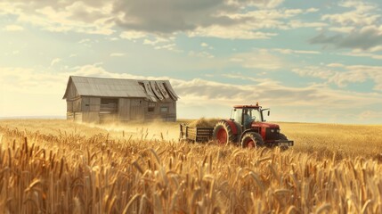 Fototapeta premium Tractor hauling harvested crops to barn