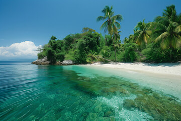 Secluded island with a sandy beach and lush vegetation