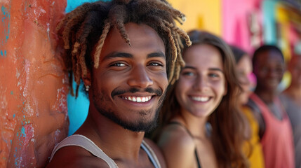 Fototapeta premium Close-up of a young man with dreadlocks smiling brightly, standing against a colorful wall with friends in the background..
