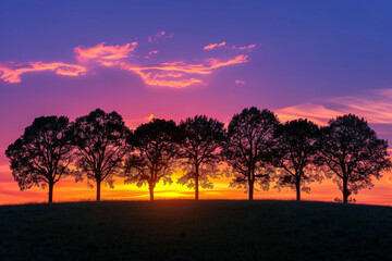 Silhouette of trees against a colorful summer sunset