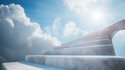 Stairway to heaven. White marble staircase leading to a bright sky with sun and clouds, concept for success, stairway to heaven
