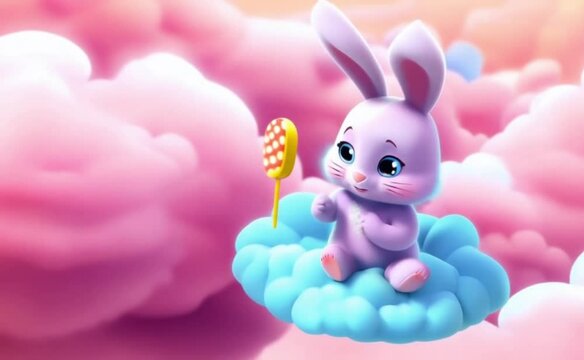 Looped cartoon bunny holding a lollipop sitting on pastel color clouds animation