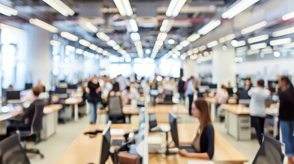 Fototapeta premium Busy open plan office with workers. Blurred image of a modern open plan office with employees working at their desks.