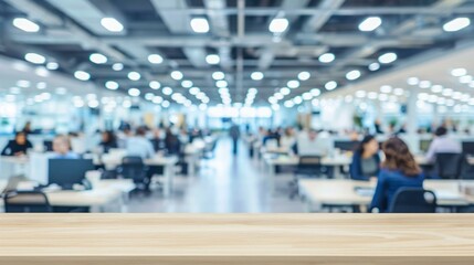Empty desk with busy office background. Wooden table with blurred office and working people background, ideal for product placement or displaying workspace concepts.