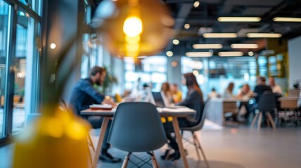 Busy coworking space with professionals at work. A bustling coworking office space with blurred people working on laptops, perfect for startup and modern workplace concepts.