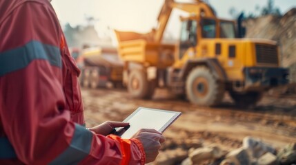 Fototapeta premium Logistics supervisor using a tablet on a construction site with heavy machinery and trucks in the background