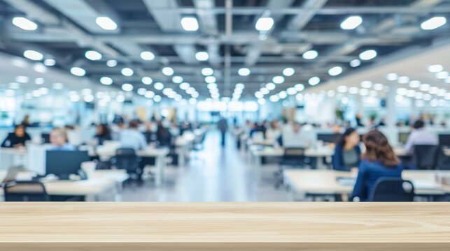 Empty desk with busy office background. Wooden table with blurred office and working people background, ideal for product placement or displaying workspace concepts.