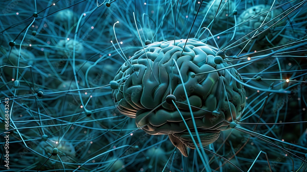 Poster human brain neural network. 3d rendered illustration of a human brain with glowing neural connection
