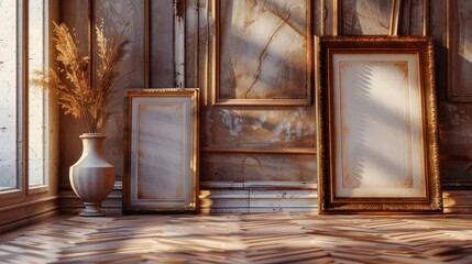 Fototapeta premium Golden frames and a vase placed on the ground