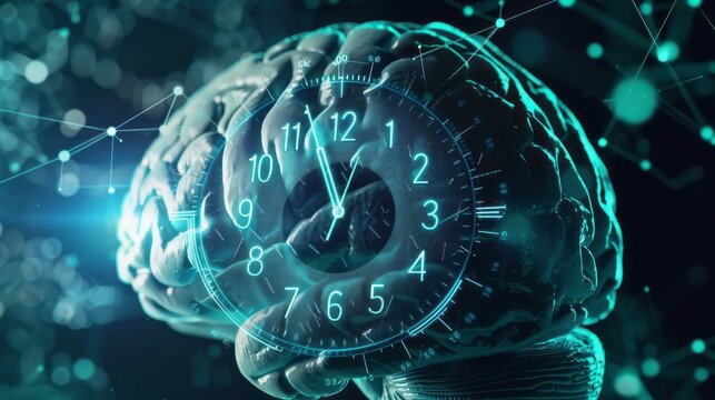 Time and the mind. Abstract image of a human brain with a clock superimposed, exploring the concepts of thought, time management, and cognitive function.