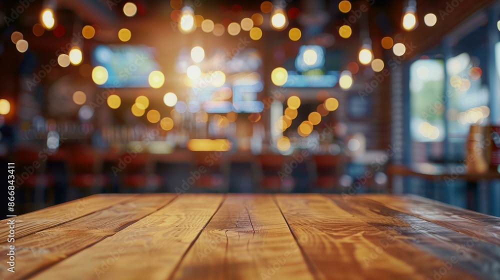 Poster empty wooden table in bar with bokeh lights. rustic wooden table with blurred bar background, perfec