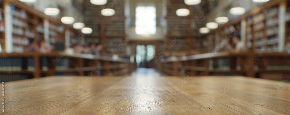 Poster empty table in a library. wooden table with a blurred library background, ideal for book mockups or 