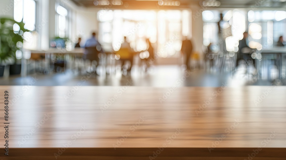 Poster empty desk in modern office space. wooden table with blurred background of people working in a moder