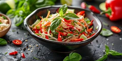 Vibrant Thai green papaya salad with a burst of flavors. Concept Thai Cuisine, Papaya Salad, Flavors, Vibrant Colors, Spicy Dish