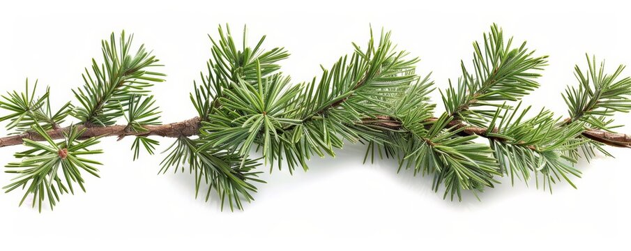 Green fir tree branch on a white background, detailed close-up. Nature and holiday decor concept