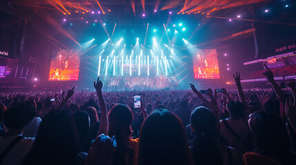 A vibrant scene at a K-pop concert with a back of Korean fans cheering enthusiastically