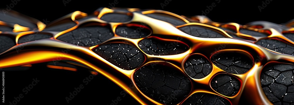 Poster abstract 3d image of a black surface with flowing golden lines creating organic shapes, ideal for ba