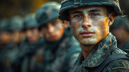 Obraz premium Handsome Biracial Army Guard in Uniform Standing at Attention with Fellow Soldiers in Field of View, Cinematic Hyper-Realistic Photography