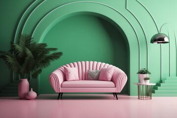 Green interior in modern interior of living room style with soft sofa and green wall. Fancy room interior with green wall arch, pink sofa and plants.