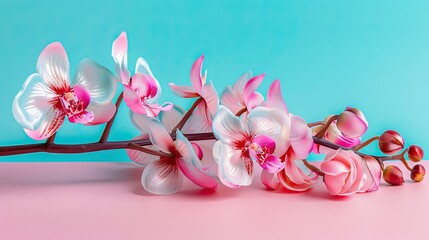 Close-up of elegant pink orchids on pastel background, perfect for nature-themed design or calming interior decor.