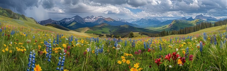 Fototapeta premium Wildflower Meadow With Rocky Mountains