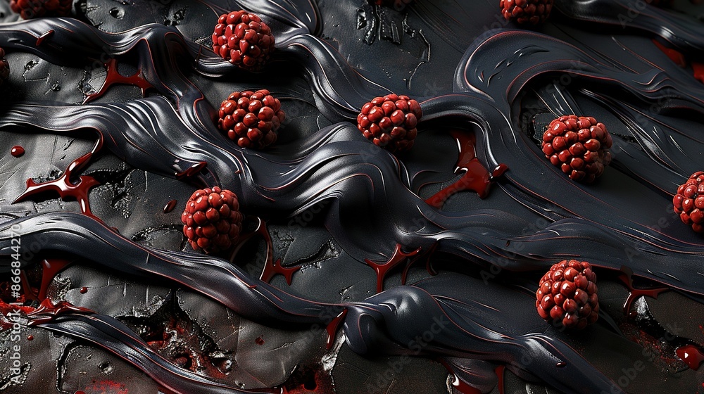 Sticker a table with melted chocolate and red berries, topped by a cluster of raspberries