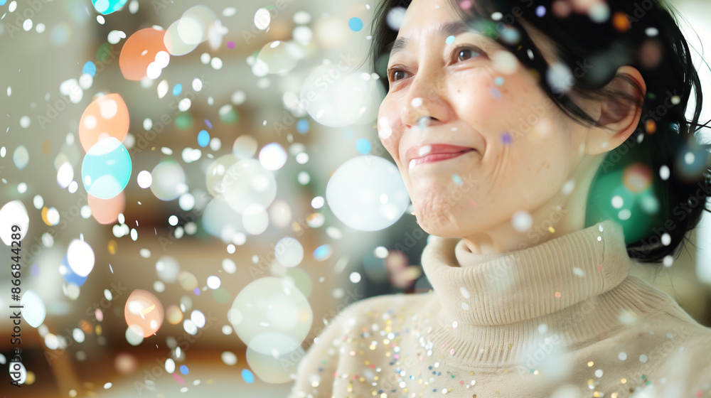 Wall mural Retired Asian woman in a beige turtleneck sweater Celebrating in her living room blurred in bokeh - Wall murals