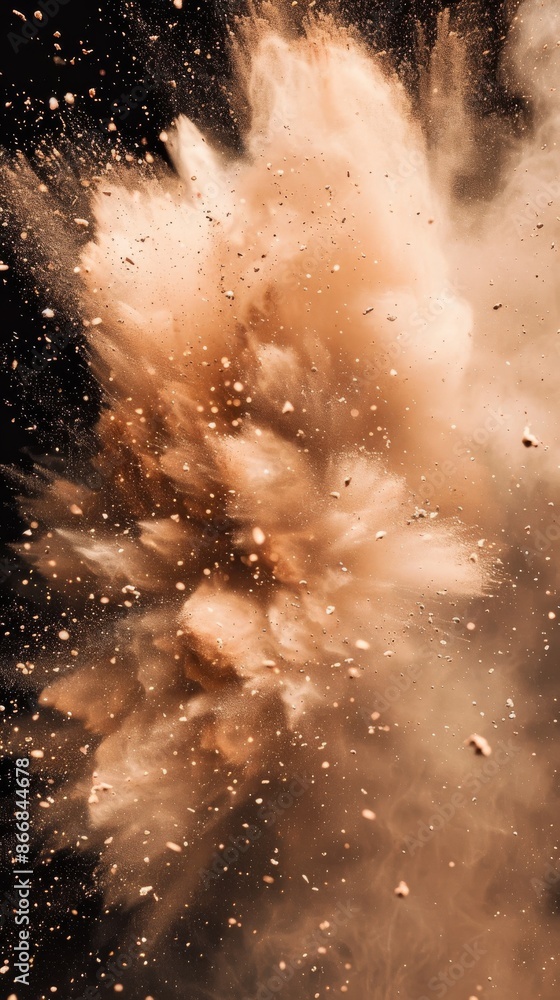 Poster brown powder explodes in all directions against a black background, creating a dynamic cloud formati