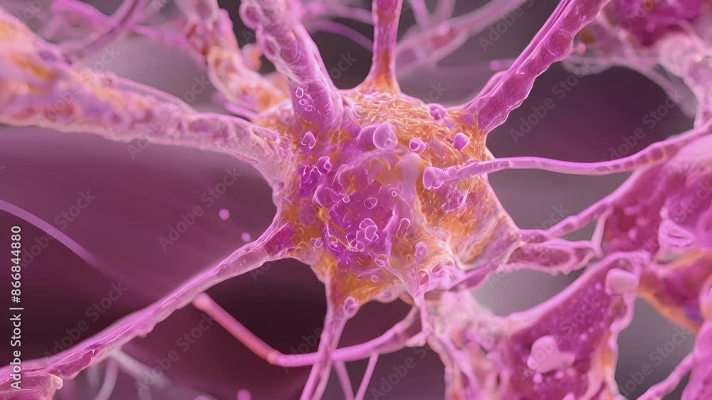 Poster a high magnification animation of a fibroblast cell with its numerous processes reaching out to mani