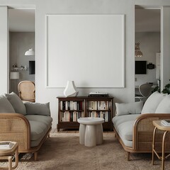 mockup poster frame in modern interior background, Room, interior, sofa, bedchamber, 3D render, living room furniture home, design, couch, house3D illustration, home, Scandinavian style, furniture, ho