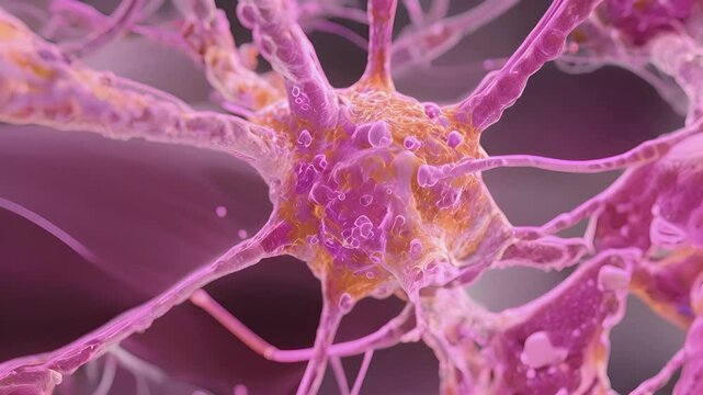 A high magnification animation of a fibroblast cell with its numerous processes reaching out to manipulate and maintain the surrounding collagen fibers.