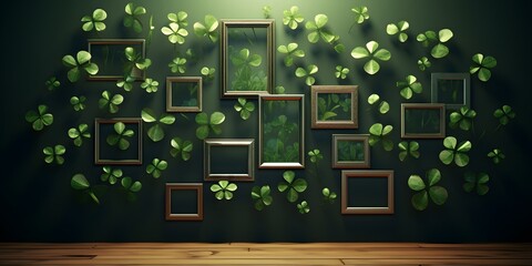 Bright green backdrop with a four leaf clover, Clover leaves on green background