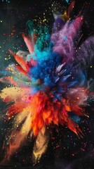 Vibrant color explosion of powder paint on black background. Perfect for creative projects, adds burst of energy and excitement. Festive and celebratory, reminiscent of holi festivals