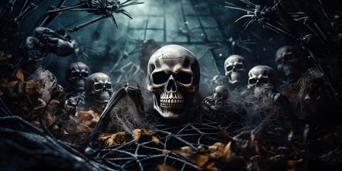 Dark Halloween decorations background with pumpkins skeleton