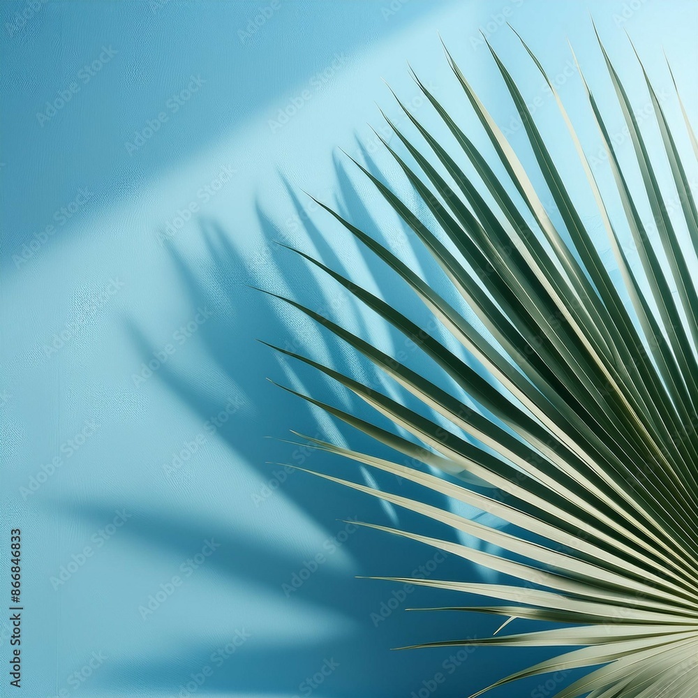 Aufkleber blurred shadow from palm leaves on the light blue wall minimal abstract background for product prese