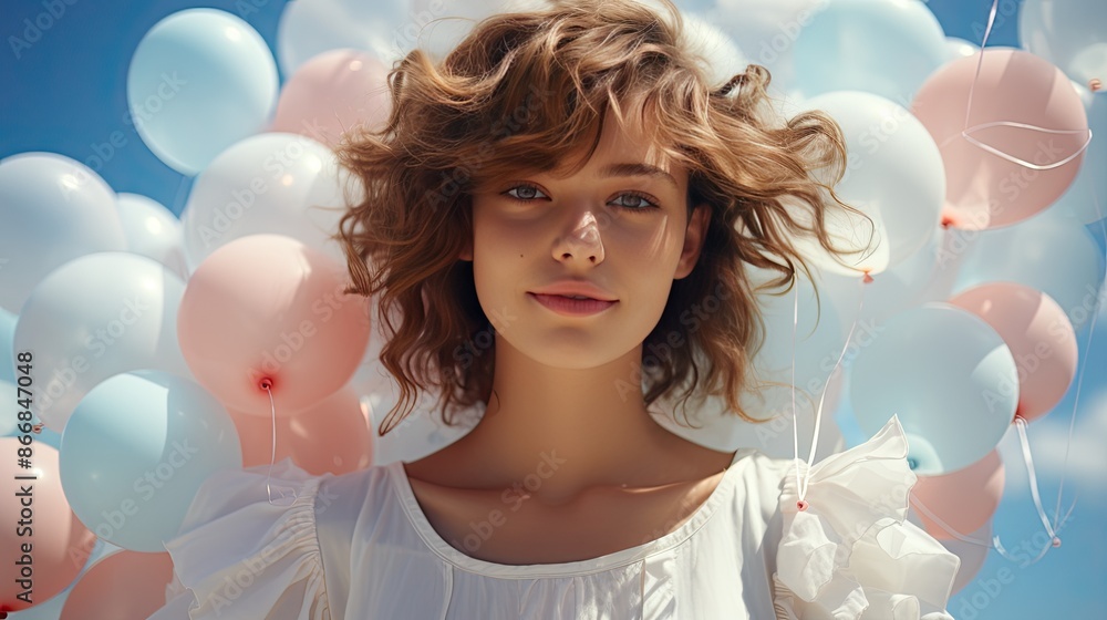 Wall mural young girl with clouds in background