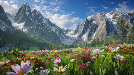 A pristine alpine meadow with a carpet of blooming wildflowers, set against the backdrop of towering snow-capped peaks.