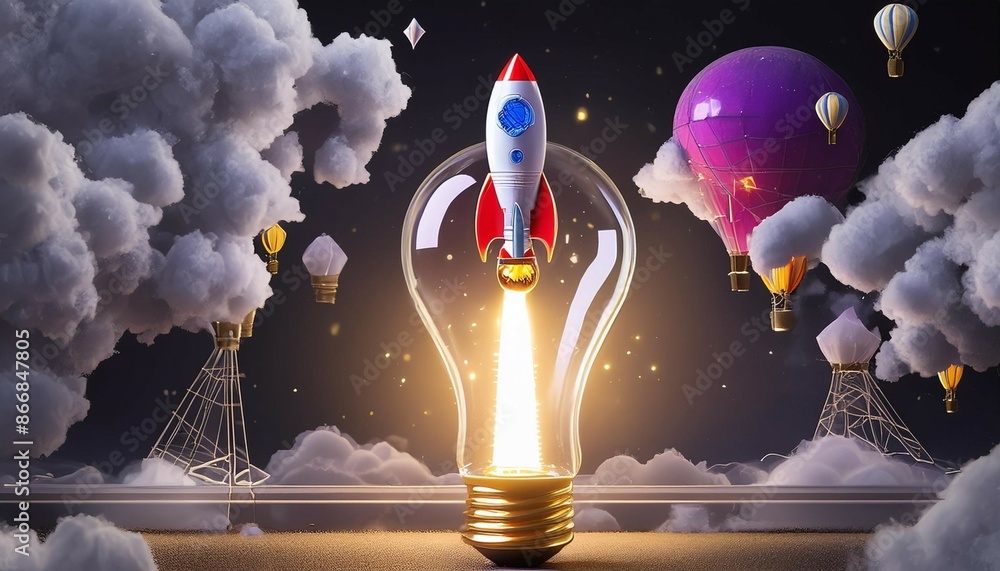 Poster innovative rocket launch flying high from opening bright lightbulb idea concept new idea concept wit