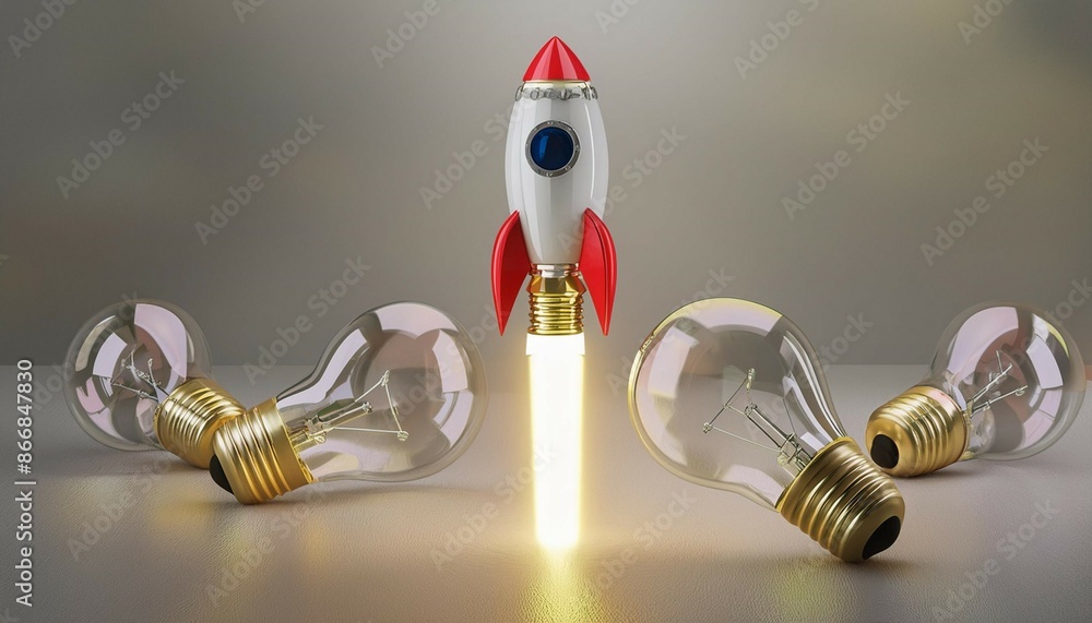 Poster innovative rocket launch flying high from opening bright lightbulb idea concept new idea concept wit