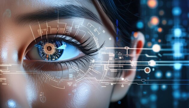 Intense digital patterns are reflected in the eye of a woman, symbolizing themes of future technology, cybernetics, and artificial intelligence.