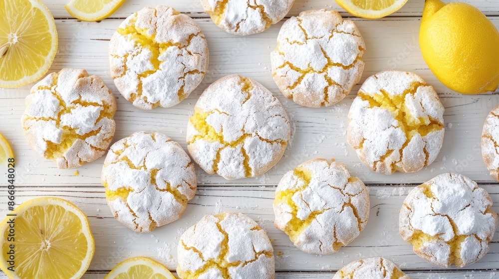 Poster a plate of lemon cookies with a lemon slice on the table. the cookies are white and yellow and are a