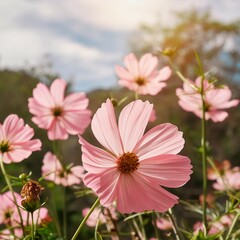 Fototapeta premium pink cosmos flower with bright sky, tropical garden, selective focus