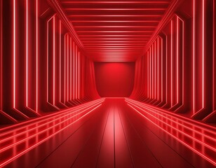 Obraz premium red neon tunnel in the dark room Red Futuristic tunnel stage illuminated red 3d showroom