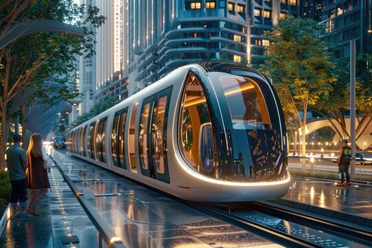 A futuristic train is traveling down a city street. The train is surrounded by tall buildings and trees, giving the scene a futuristic and urban feel. The train is the main focus of the image
