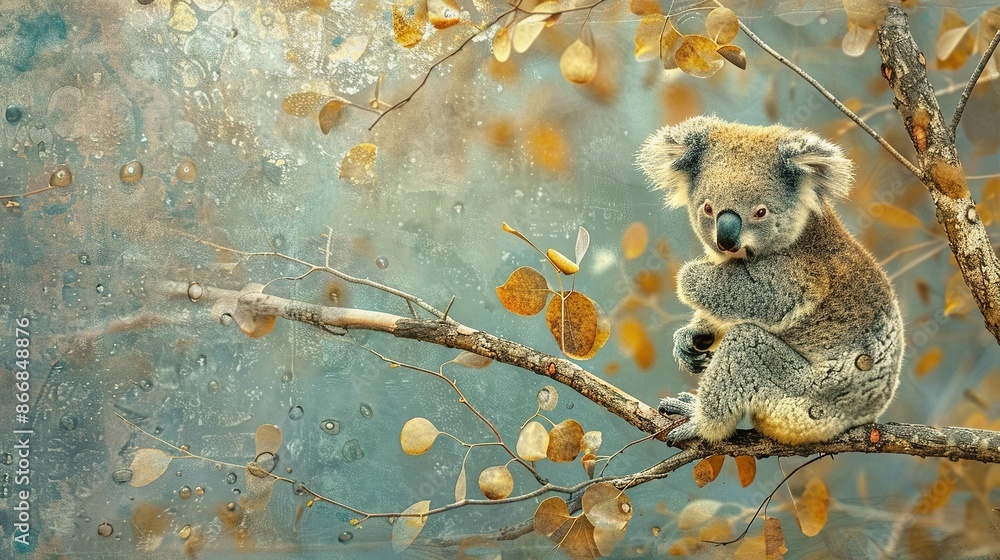 Sticker   A koala bear sits atop an autumn leaf-covered tree branch The falling leaves rustle softly as they drift to the ground below