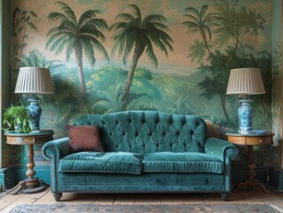 A teal velvet sofa sits in a living room with a tropical palm tree mural