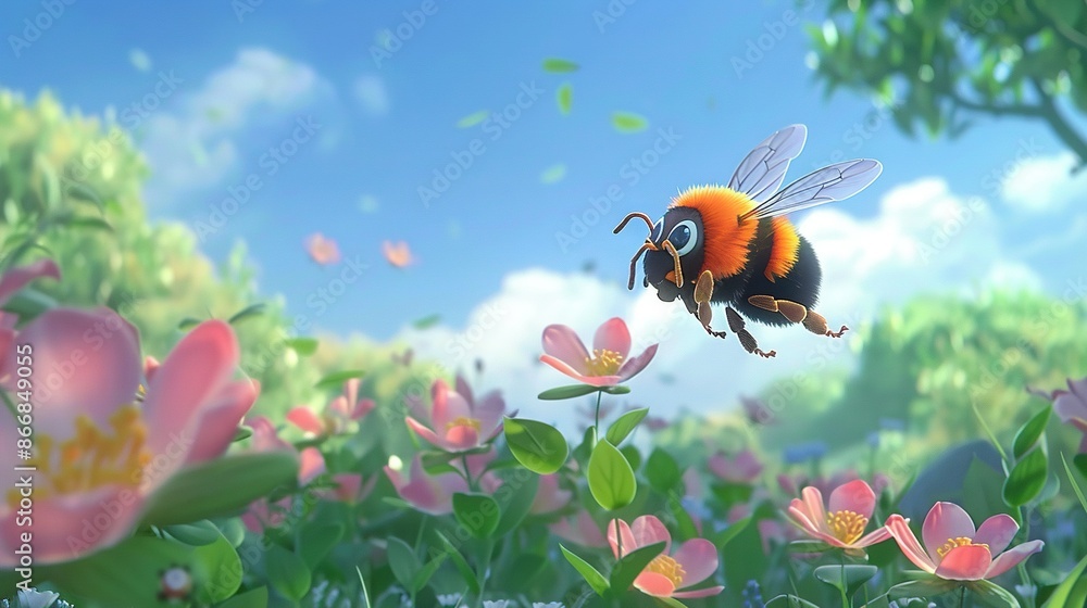 Poster  A bee flies over a field of flowers with a blue sky and white clouds in the background