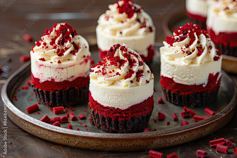 Poster a plate of cupcakes with red frosting and sprinkles. the cupcakes are arranged in a row and are topp
