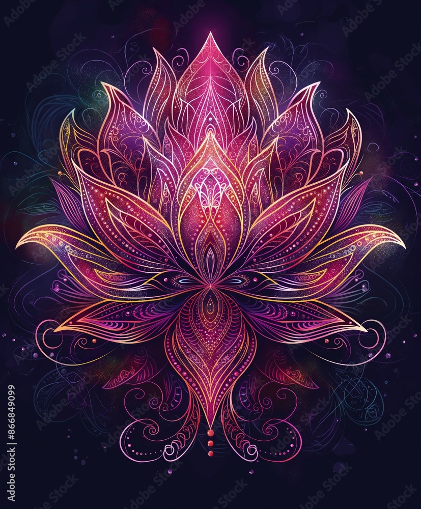 Poster vibrant abstract lotus mandala with psychedelic colors and intricate patterns on a dark background.
