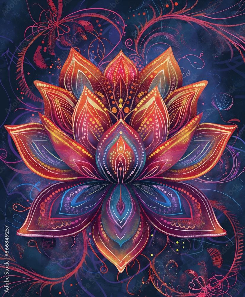 Poster a colorful mandala flower design with intricate patterns and vibrant gradients on a dark background.